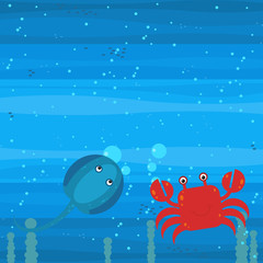 Fototapeta na wymiar Happy cartoon underwater scene with swimming coral reef fishes illustration