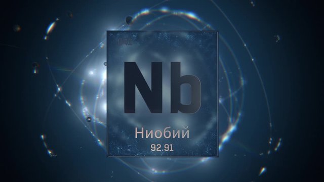 Niobium as Element 41 of the Periodic Table. Seamlessly looping 3D animation on blue illuminated atom design background orbiting electrons name, atomic weight element number in russian language