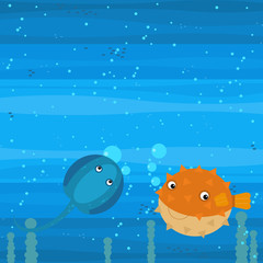 Happy cartoon underwater scene with swimming coral reef fishes illustration