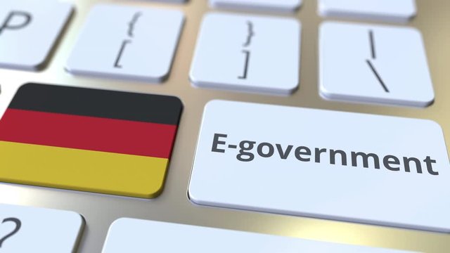 E-government or Electronic Government text and flag of Gemany on the keyboard. Modern public services related conceptual 3D animation