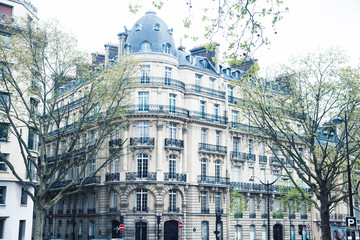 houses on french streets of Paris. citylife concept, black balcony lace