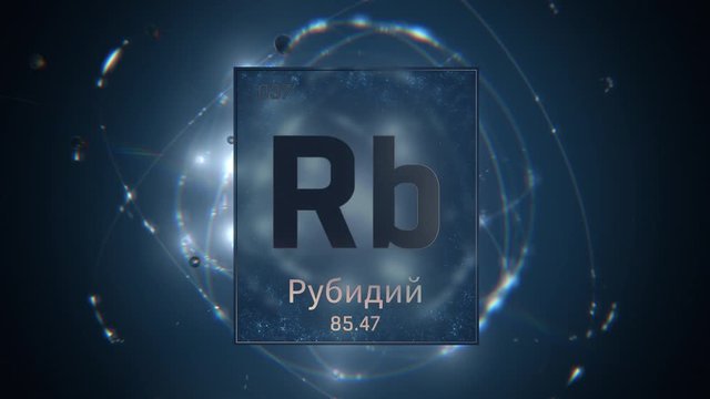 Rubidium as Element 37 of the Periodic Table. Seamlessly looping 3D animation on blue illuminated atom design background orbiting electrons name, atomic weight element number in russian language