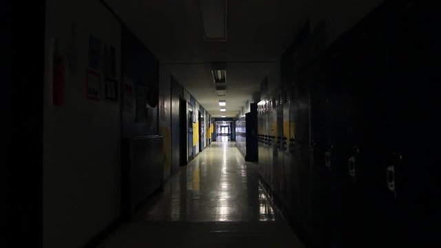 Dark Empty School Hallway Tilt Up