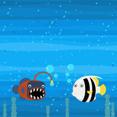 Happy cartoon undersea scene with swimming coral reef fishes illustration