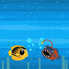cheerful cartoon underwater scene with swimming coral reef fishes illustration
