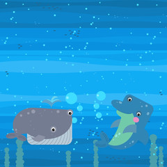 cheerful cartoon underwater scene with swimming coral reef fishes illustration