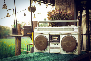 Retro old radio tape cassette player, outdoor