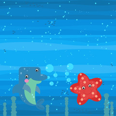 cheerful cartoon underwater scene with swimming coral reef fishes illustration