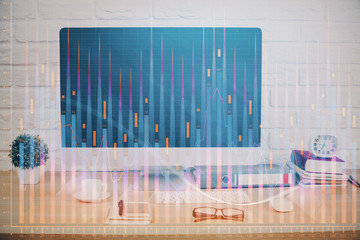 Forex graph hologram on table with computer background. Double exposure. Concept of financial markets.