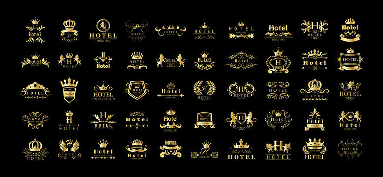 Golden Hotel Luxury Logo Set - Isolated On Black Background, Vector.Icons Collection Of Golden Hotel Logo, Emblem And Label.Useful For Badge,Seal And Design Template.Vector Illustration Of Luxury Logo