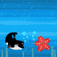 Fototapeta premium Funny cartoon undersea scene with swimming coral reef fishes illustration