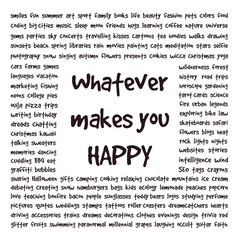Glossary square illustration. Conceptual text art about happiness. List of words and things that make people happy.