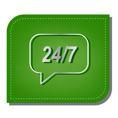 Support 24 hours sign. Silver gradient line icon with dark green shadow at ecological patched green leaf. Illustration.