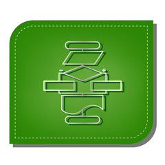 Algorithm sign. Silver gradient line icon with dark green shadow at ecological patched green leaf. Illustration.