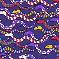 vector variety colorful snakes overlap seamless pattern on violet
