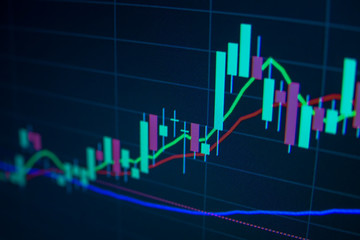 Blue Stock Exchange Market trading graph on screen monitor for economic and financial investment. Business analysis chart display. Stock invest infomation.