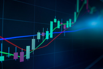 Blue Stock Exchange Market trading graph on screen monitor for economic and financial investment. Business analysis chart display. Stock invest infomation.
