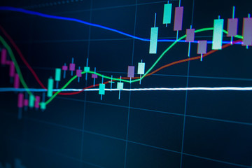 Blue Stock Exchange Market trading graph on screen monitor for economic and financial investment. Business analysis chart display. Stock invest infomation.