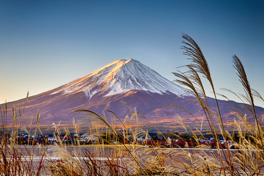 Unique Japan Travel Destinations. Recognizable Fuji Mountain At Kawaguchiko Lake in Japan. Picture Taken At Fall.