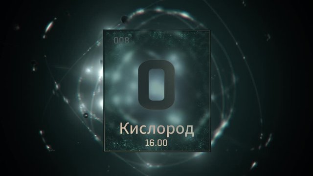 Oxygen as Element 8 of the Periodic Table. Seamlessly looping 3D animation on green illuminated atom design background orbiting electrons name, atomic weight element number in russian language