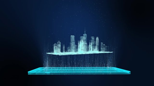 3D Rendering, Animation of bright digital tablet and city wireframe in bright blue and white colors particles, Sphere particle line rise up. Digital technology and communication concept.