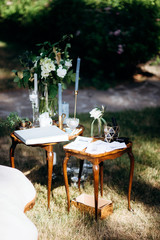 Wedding decoration rustic style. Wedding decor with gift cards and album