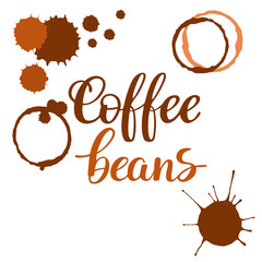 Coffee blobs and lettering as design elements isolated on white. Hand drawn sketch style. Vector illustration for food and drink design