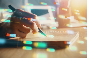 Multi exposure of woman's hands on background with technology and digital coding icons. Data...