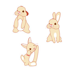 Three bunny characters. Rabbit in vector. Cute rabbits in various emotions.