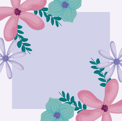 floral design with beautiful green and pink flowers over purple background