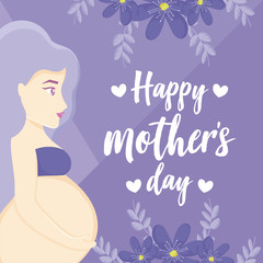 happy mothers day design with pregnant woman and purple flowers over purple background