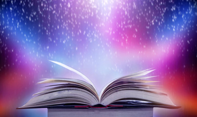 	 Imagine a picture book of an ancient book opened on a wooden table with a sparkling golden background. With magical power, magic, lightning around a glowing glowing book In the room of darkness
