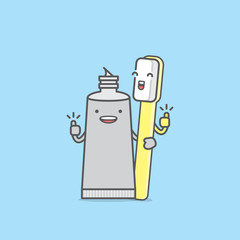 Dental cartoon of a cleaner gang toothpaste, toothbrush thumbs up illustration cartoon character vector design on blue background.  Dental care concept.