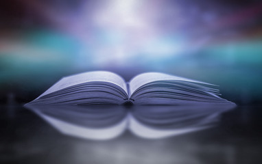 Imagine a picture book of an ancient book opened on a wooden table with a sparkling golden...