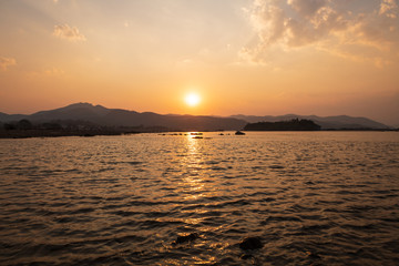 Sunset landscape of the Mekong river at Pakchom district in the northeastern Thai province of Loei.