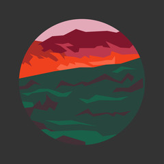 Mountains, forests and lakes in geometric stylisation.