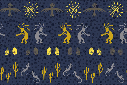 Traditional, design with lizard, Kokopelli fertility deity, sun, eagle, cacti.
