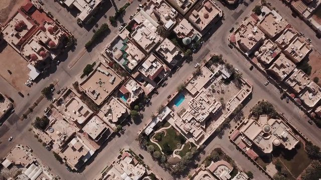 Overhead Drone Shot Of Affluent Residential Neighborhood With Luxurious Villas (including Swimming Pool), In Northern Riyadh, Saudi Arabia