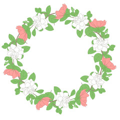 Romantic wreath in hand drawn style with white and pink gardenia jasminoides flowers, buds, branches and leaves isolated on white. Soft colors. Great for wedding, birthday, valentine, anniversary,card