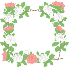 Square floral frame. Romantic white and pink gardenia jasminoides flowers, buds, branches and leaves isolated on white. Soft colors. Great for wedding, birthday, valentine, anniversary, mother's day
