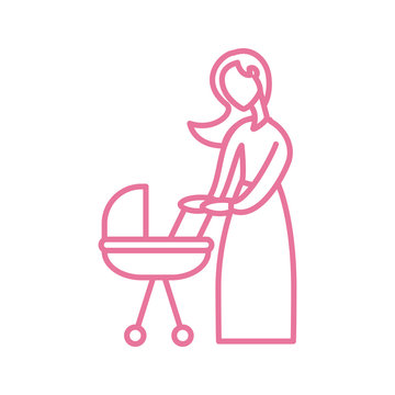 woman with baby in baby stroller, line style icon