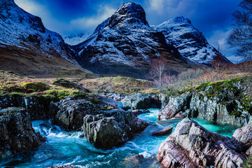 spring in glencoe, highlands, scotland with views of the river coe and mountaons. - obrazy, fototapety, plakaty