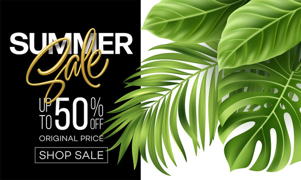 Golden metallic summer sale lettering on a bright background from green tropical leaves of plants. Vector illustration