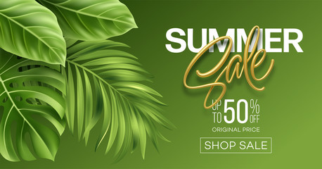 Golden metallic summer sale lettering on a bright background from green tropical leaves of plants. Vector illustration