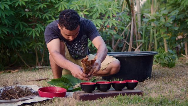 local young black man preparing kava juice drink at a tropical island of Vanuatu in the south pacific ocean during the afternoon by squeezing it to small cups