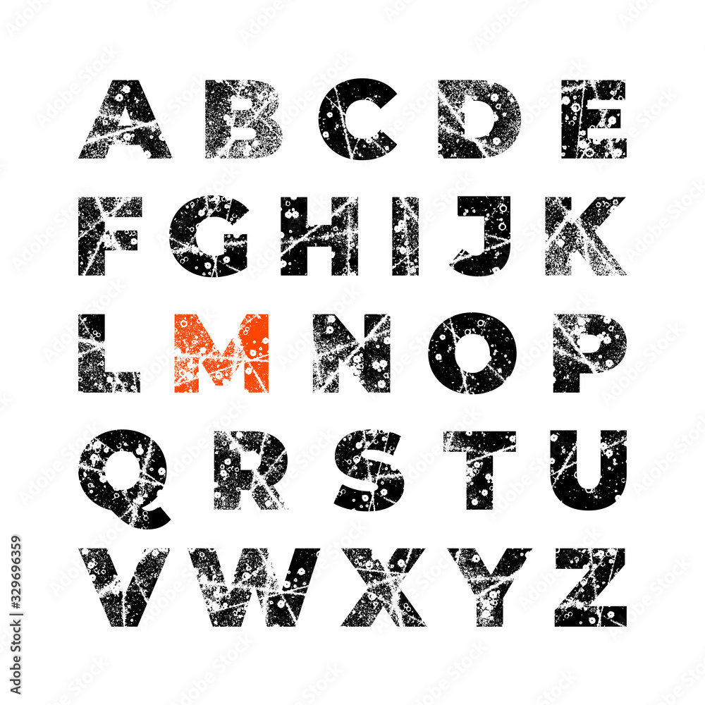 Fototapete grunge alphabet font. abstract handmade sans serif typeface. set of distress textured letters. ink s