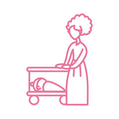 woman with baby in the cot, line style icon