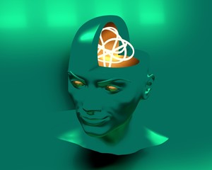 Open minded woman with atom model as brains. 3D rendering
