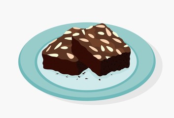  chocolate brownies isolated on white background. two brownie cake pieces as homemade dessert food illustration.
