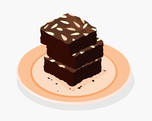  chocolate brownies isolated on white background. two brownie cake pieces as homemade dessert food illustration.